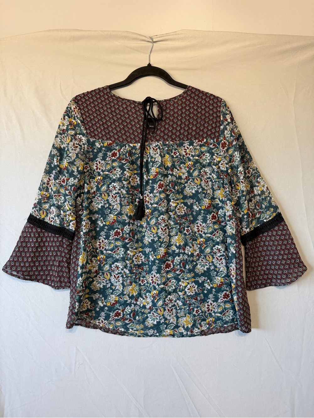 DR2 Womens Boho Mixed Media Floral Blouse S Relaxed Fit Lined Crochet Details - Picture 6 of 10